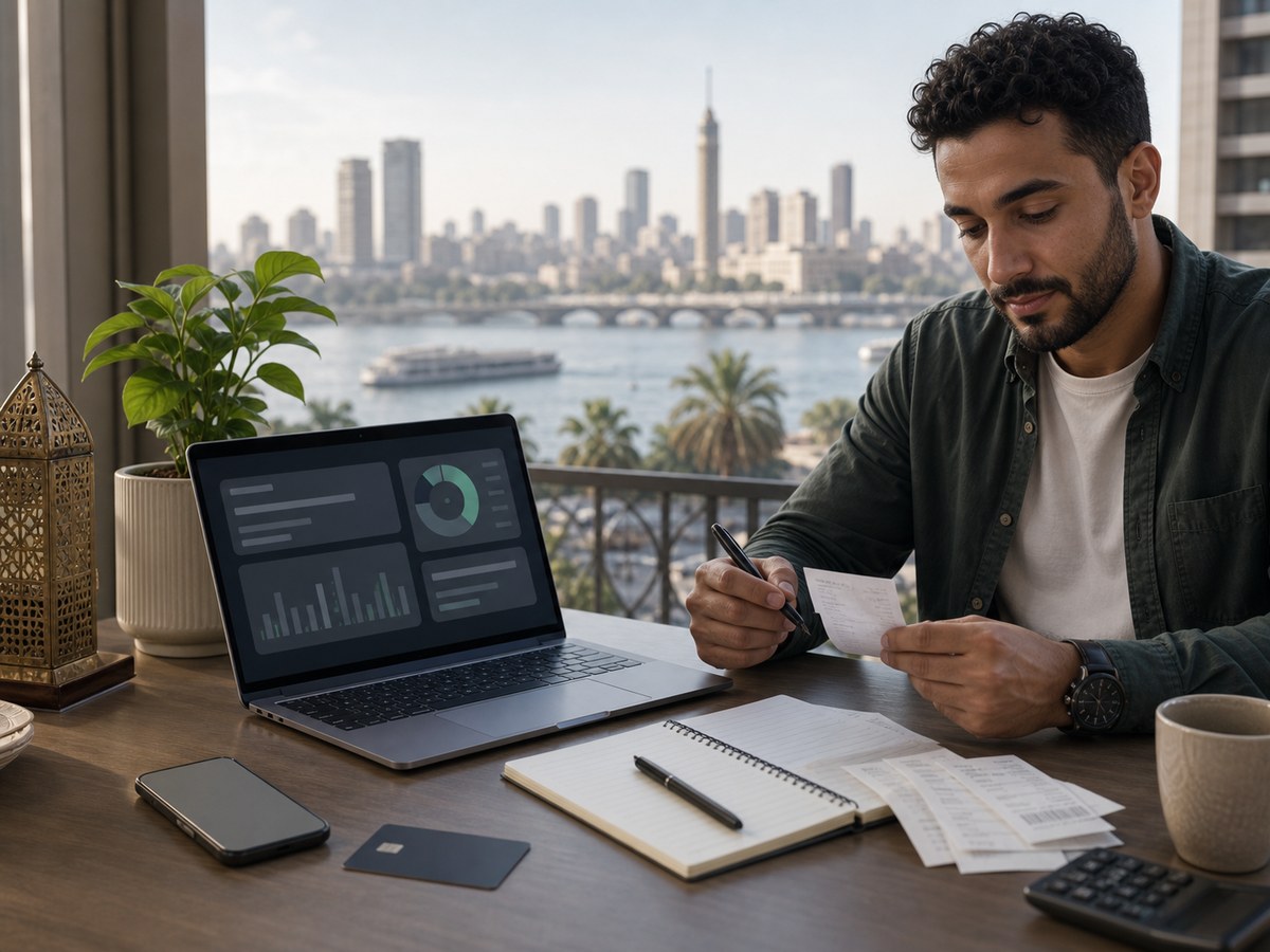 صاحب نشاط مصري يراجع فواتير إعلانات رقمية قبل إضافة كارت دفع لصفحة RedotPay وGoogle Ads في مصر