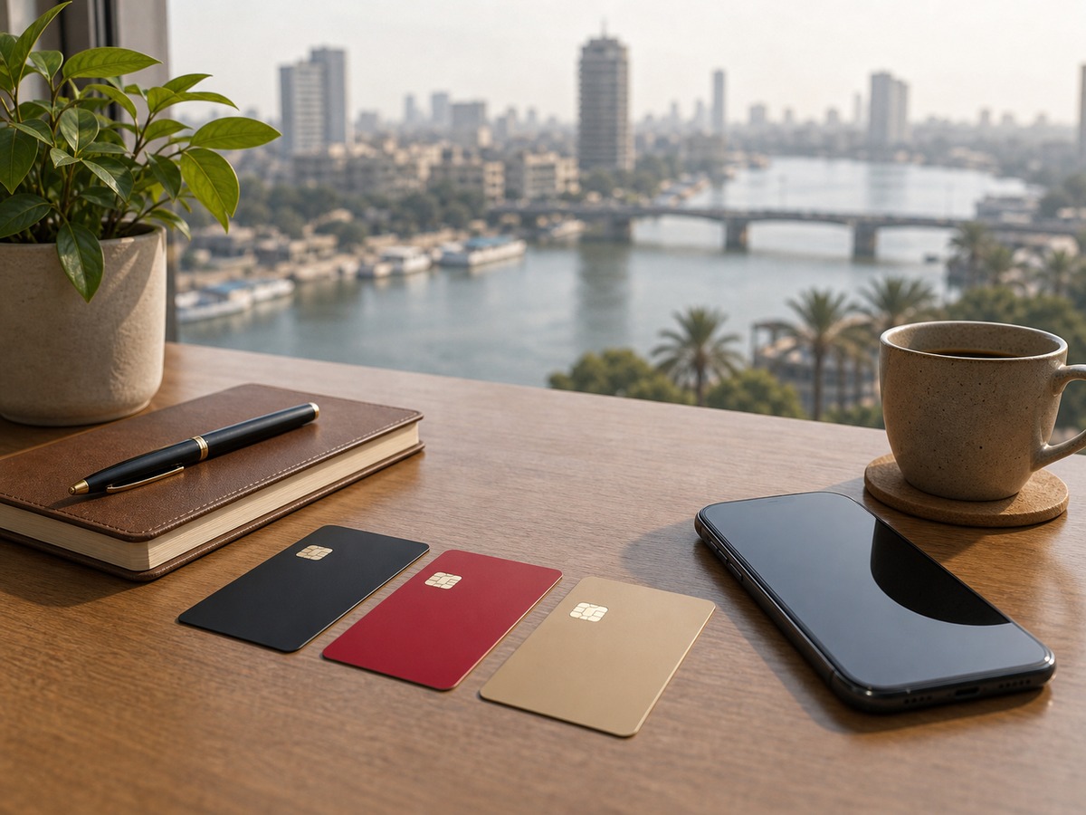 ثلاث بطاقات دفع عامة على مكتب في القاهرة للمقارنة قبل اختيار الكارت لصفحة كارت كريبتو في مصر: أين يقف RedotPay؟