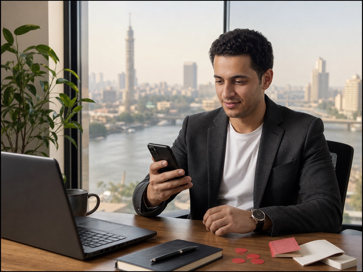 مستخدم مصري يراجع نقاط ومهام RedotPay على الهاتف في مكتب بالقاهرة